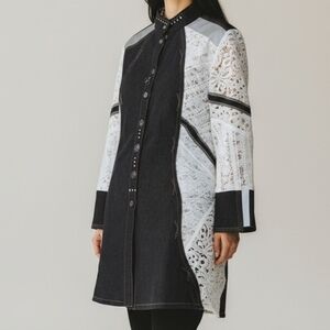 NEW! S Parsley & Sage Black and White Lace-Panel Blouse With Studded Collar 4227